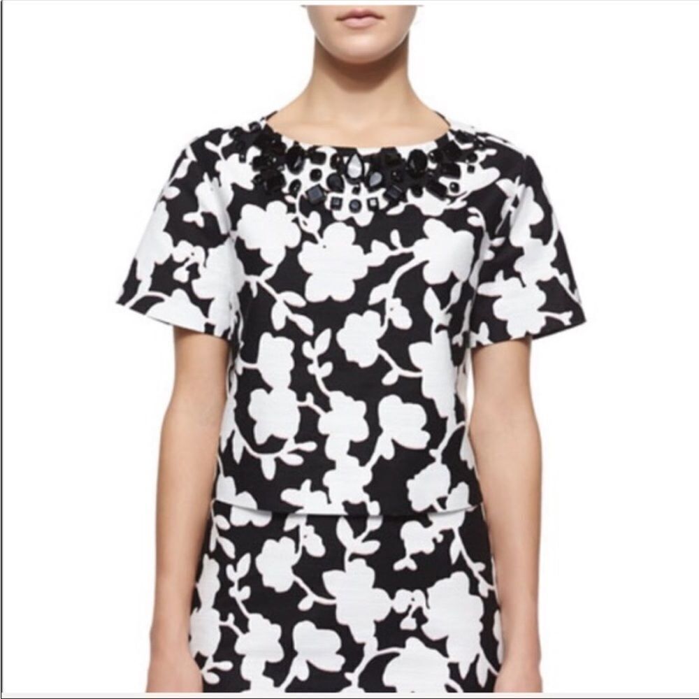 KATE SPADE | Embellished Floral Black White Boxy Short Sleeve Top Women’s Size S